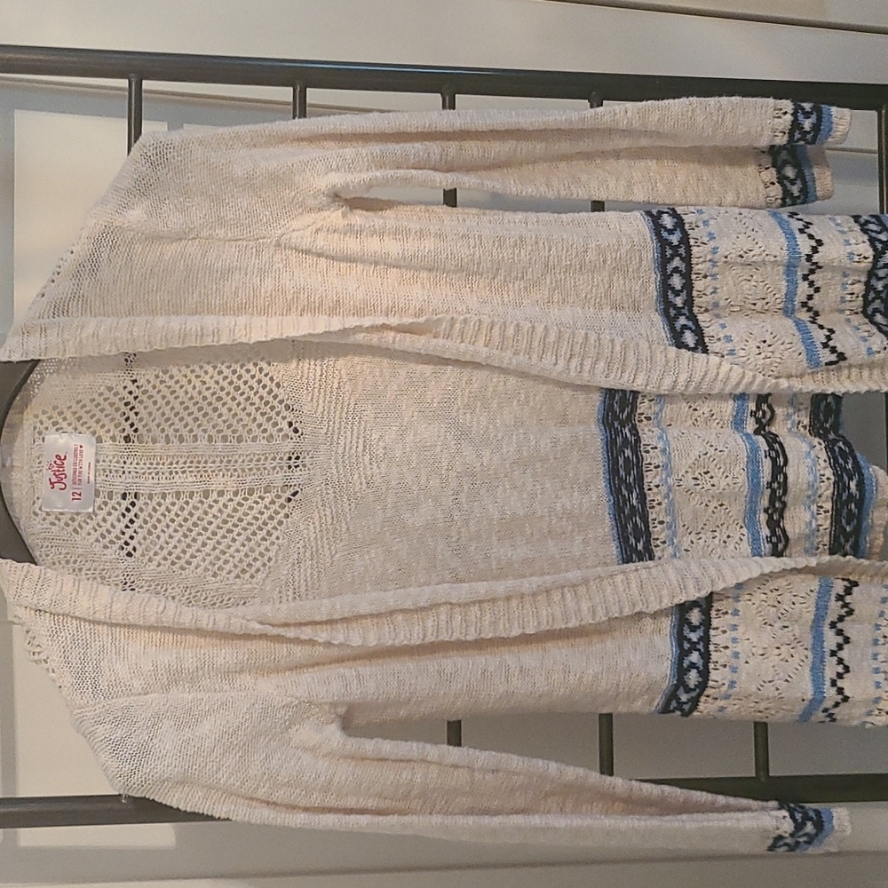 Justice Girls' Cream Open-Front Cardigan with Blue Pattern